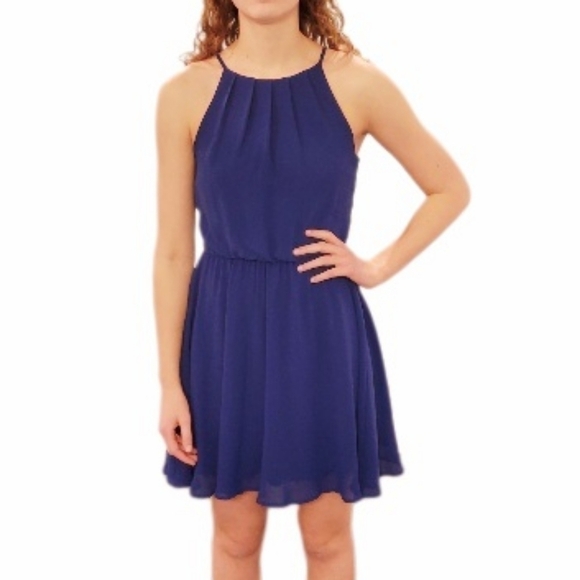 Navy Blue Halter Neck Sleeveless Fit and Flare Party Dress - Picture 1 of 7
